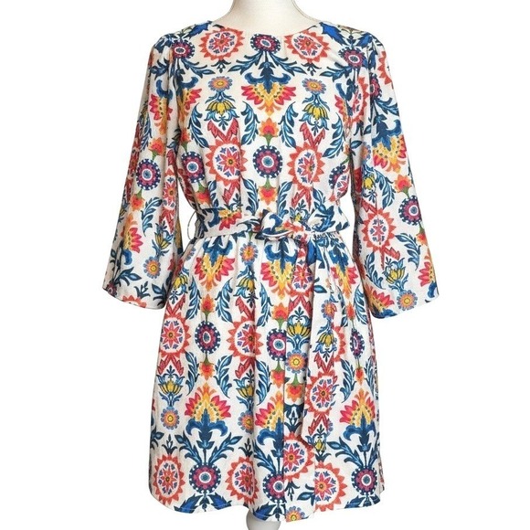 Aura Dresses & Skirts - AURA Medallion Mini Dress S White Multicolor Boho Tassel Sleeve Tie Waist Summer